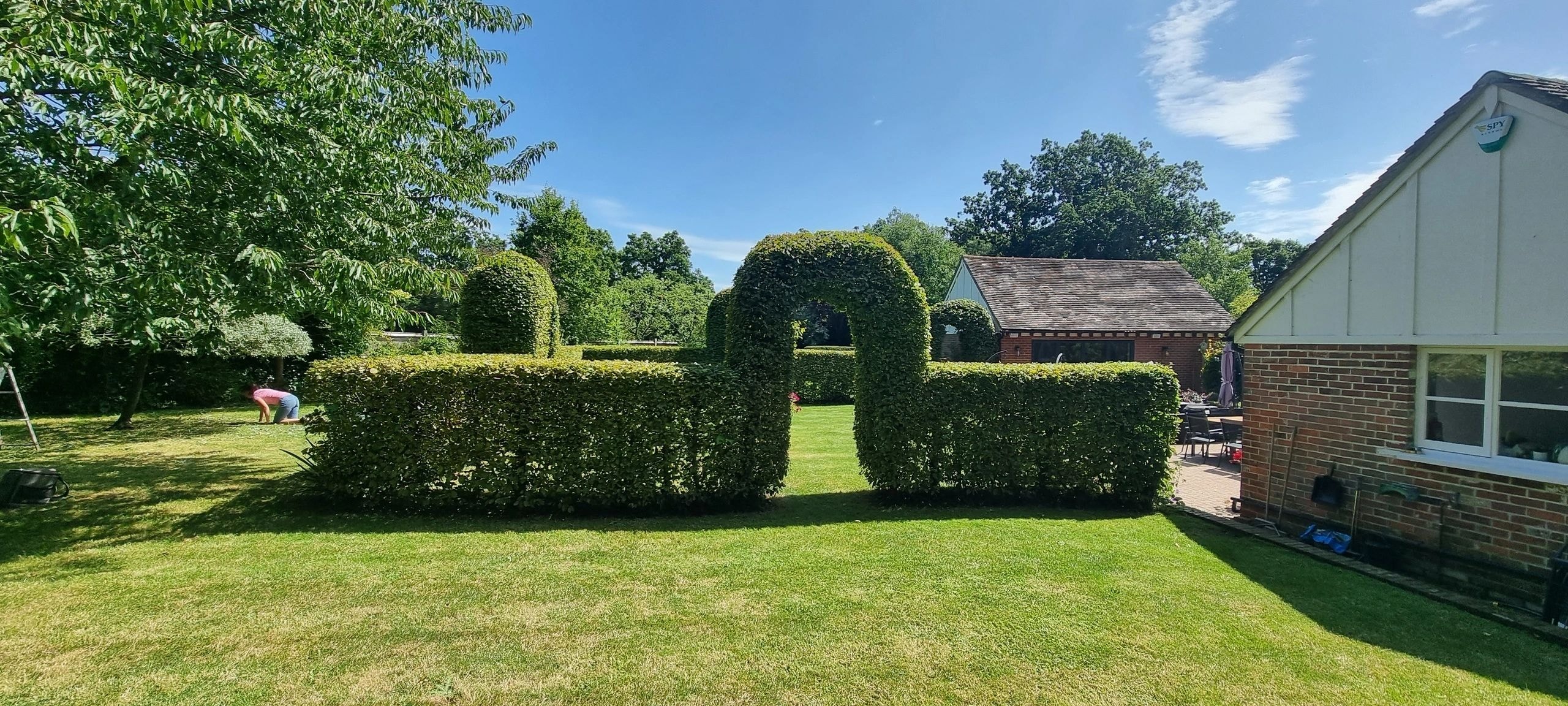 Formal garden with topiary hedges and archway